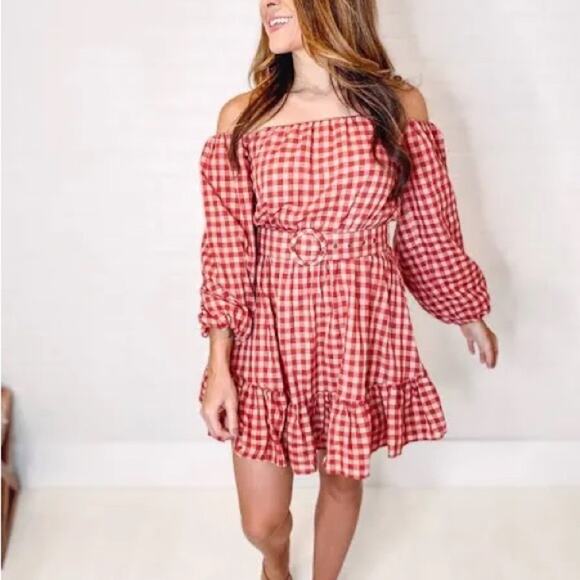 MINKPINK Cora mini plaid dress in blush/rust puff sleeves - Picture 8 of 15